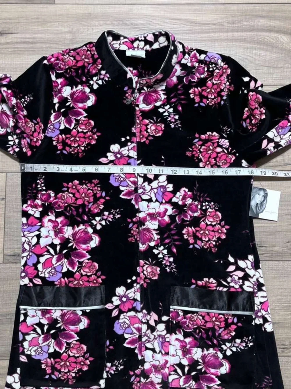 Jaclyn Smith Womens Full Zip Floral Robe Size Medium Black Pink - Picture 2 of 15